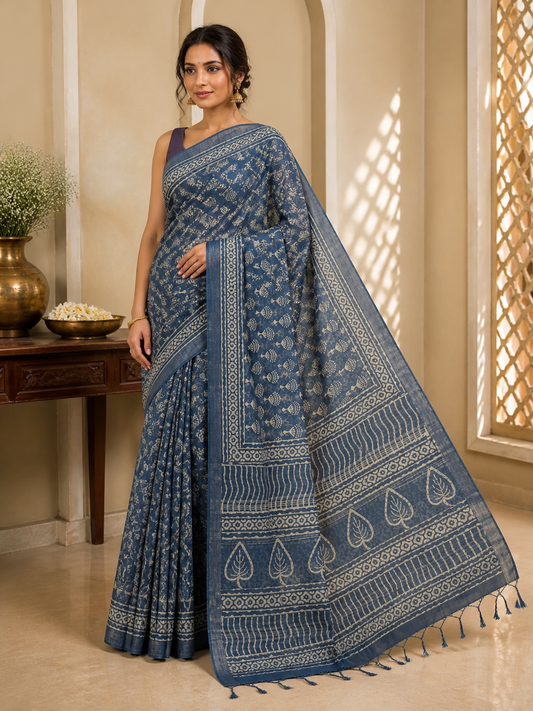 Indigo blue linen printed saree with tribal floral motifs and leaf border on model
