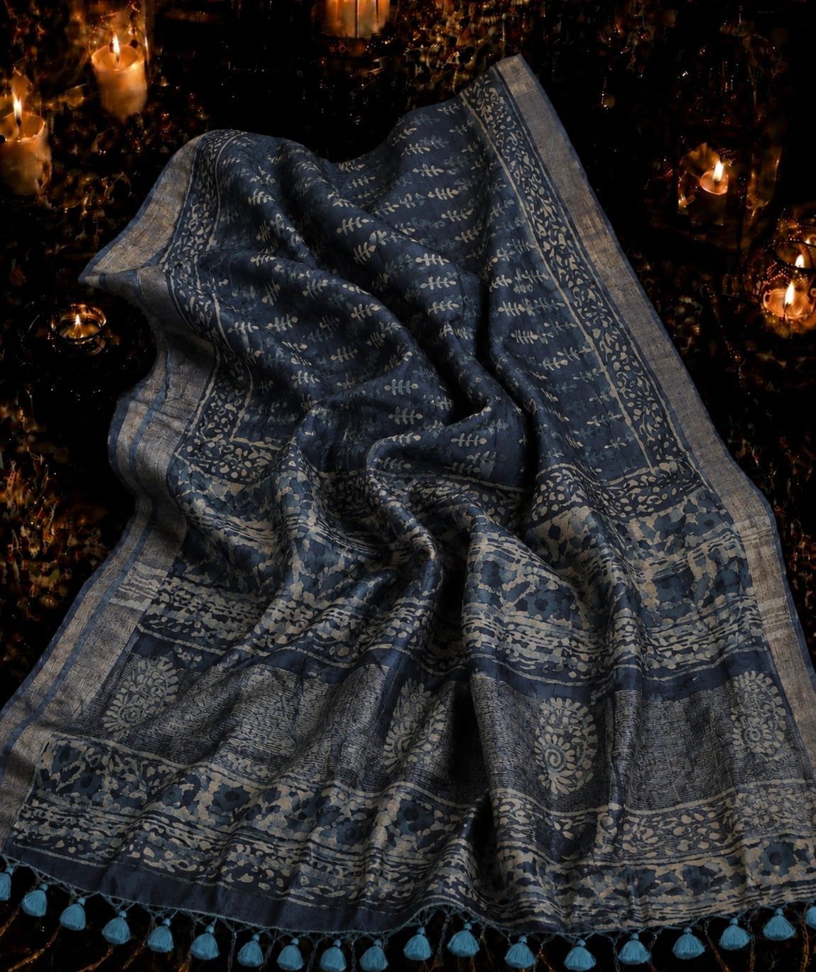 Indigo Blue Linen Saree with Traditional Hand Block Floral Border and Ethnic Print Pallu
