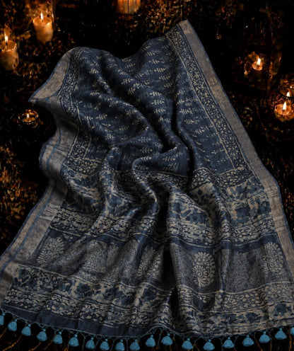 Indigo Blue Linen Saree with Traditional Hand Block Floral Border and Ethnic Print Pallu