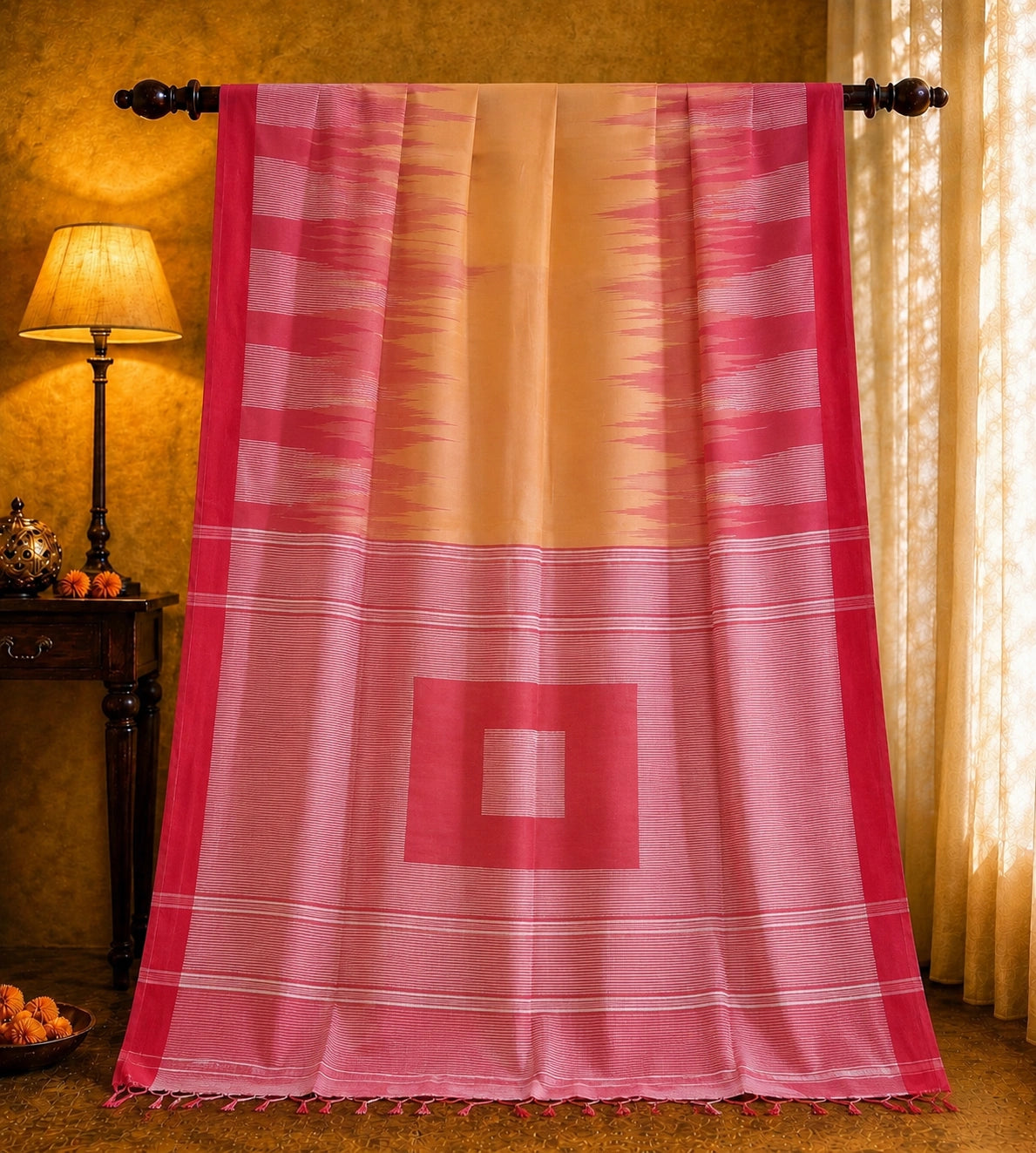 Peach Pink Handloom Ikkat Saree with Geometric Border Design