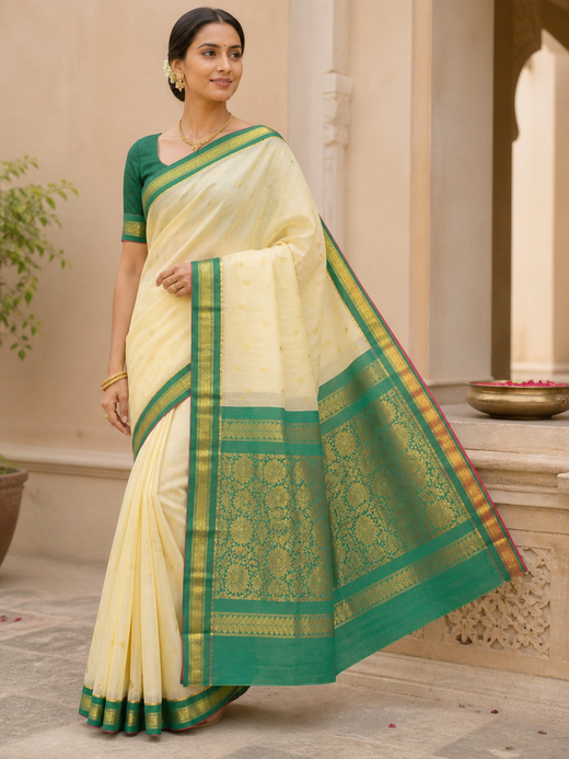 Ivory and emerald green Sico Gadwal saree with gold zari buti and floral pallu on model