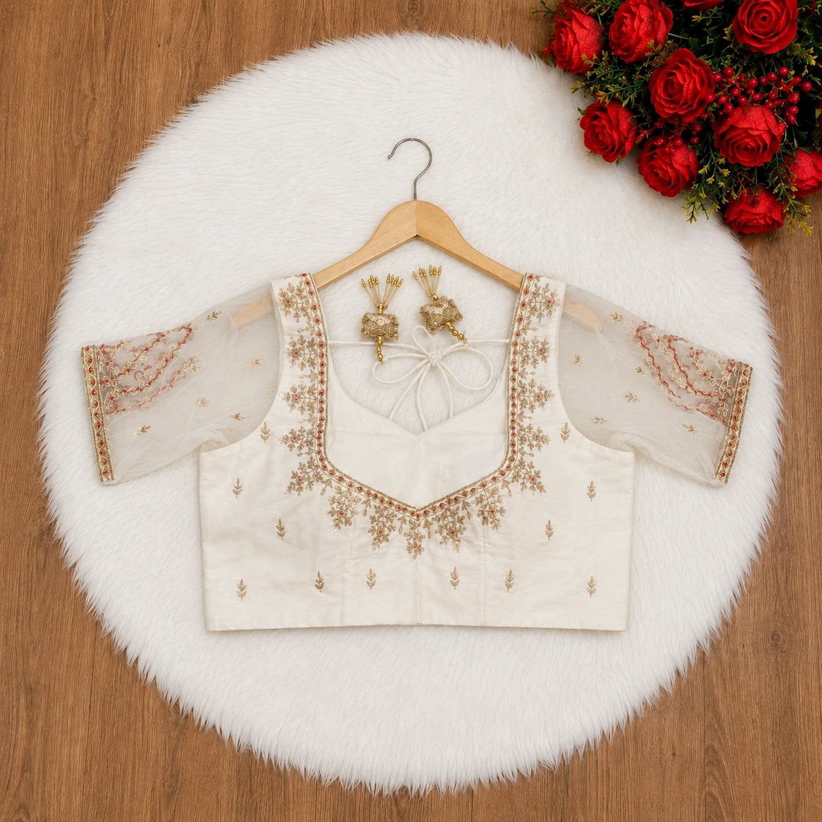 White Raw Silk Zardozi Embroidered Blouse with Sheer Net Sleeves