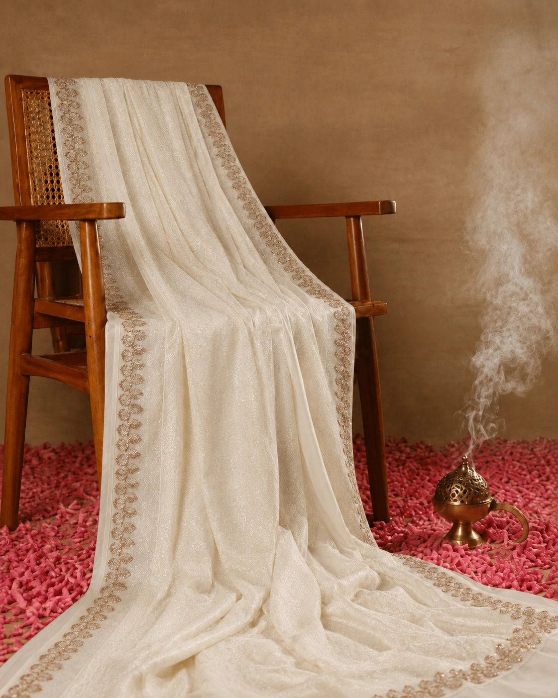 Off White Jimmy Choo Saree with Shimmer Finish and Embellished Floral Border Party Wear Saree