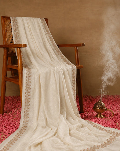 Off White Jimmy Choo Saree with Shimmer Finish and Embellished Floral Border Party Wear Saree