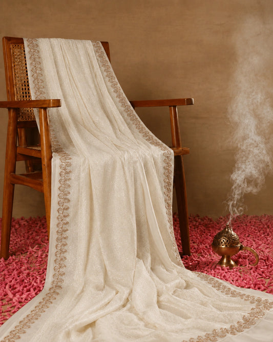 Off White Jimmy Choo Saree with Shimmer Finish and Embellished Floral Border Party Wear Saree