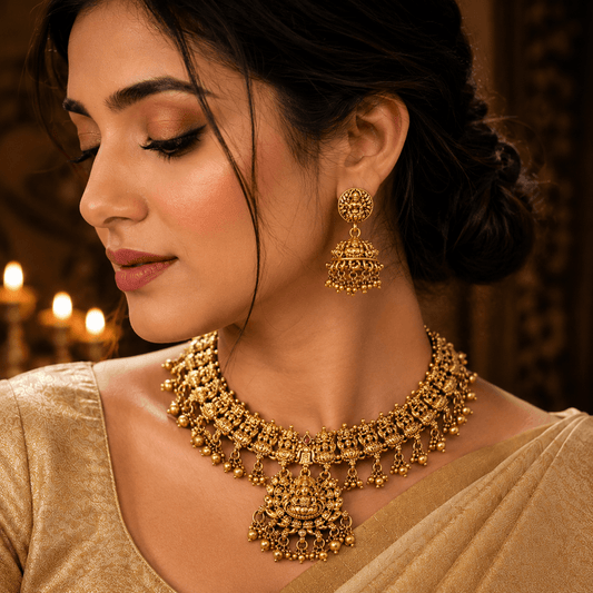 Antique Temple Choker Jewellery Set with Jhumka Earrings