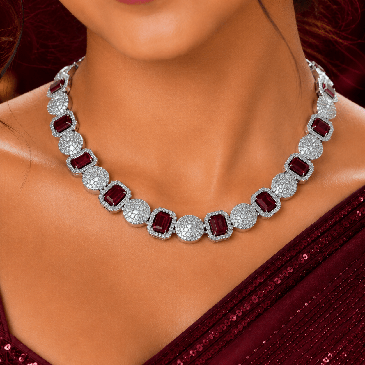 Ruby Red American Diamond Designer Necklace Set for Women