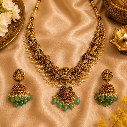 Antique Lakshmi Temple Jewellery Set with Green Beads