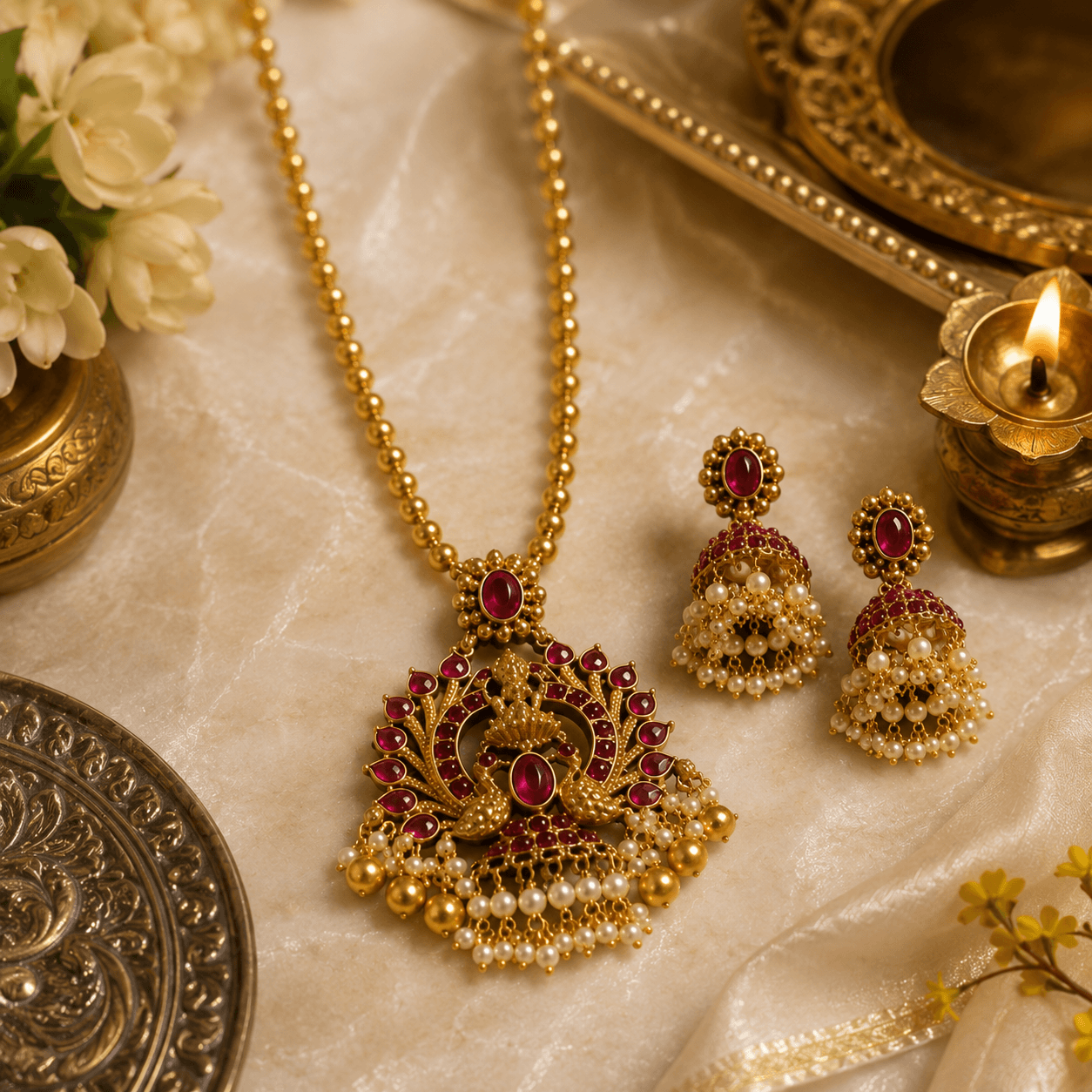 Traditional Temple Pendant Jewellery Set with Pearl Jhumkas