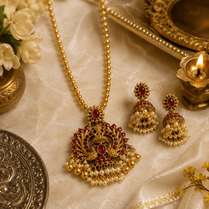 Traditional Temple Pendant Jewellery Set with Pearl Jhumkas
