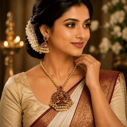 Traditional Temple Pendant Jewellery Set with Pearl Jhumkas