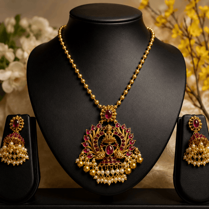 Traditional Temple Pendant Jewellery Set with Pearl Jhumkas