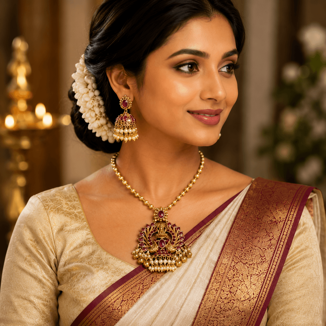 Traditional Temple Pendant Jewellery Set with Pearl Jhumkas