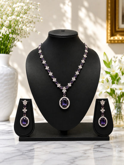 Purple Crystal-Style Silver-Tone Pendant Necklace and Drop Earrings Set