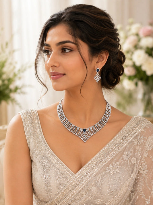Silver-Tone Blue Stone Geometric Statement Necklace and Drop Earrings Set