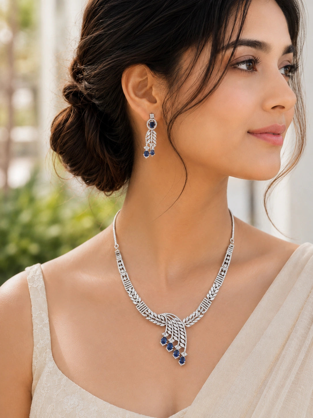 Silver-Tone Leaf Motif Blue Stone Necklace Set with Matching Drop Earrings