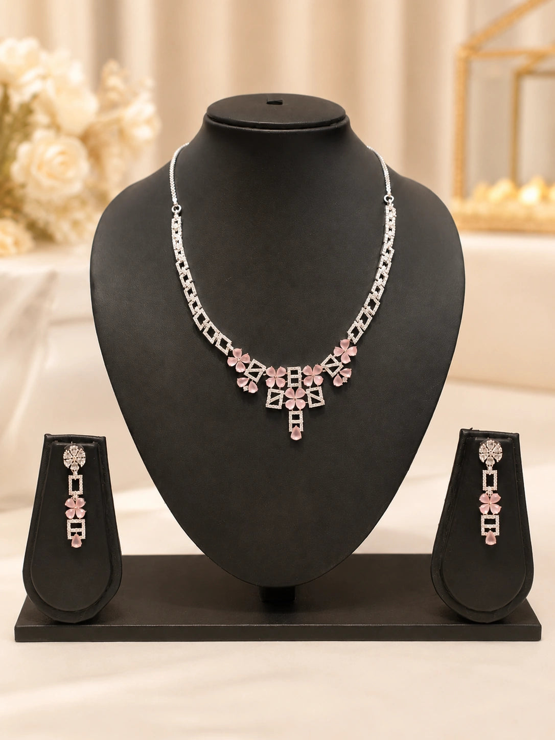 Silver-Tone Pink Floral Stone Necklace Set with Matching Drop Earrings