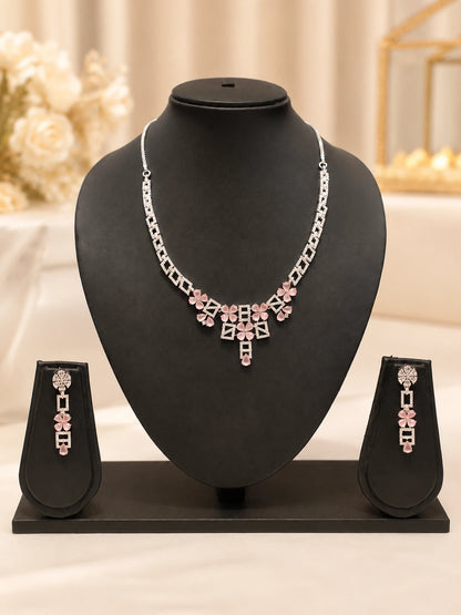 Silver-Tone Pink Floral Stone Necklace Set with Matching Drop Earrings
