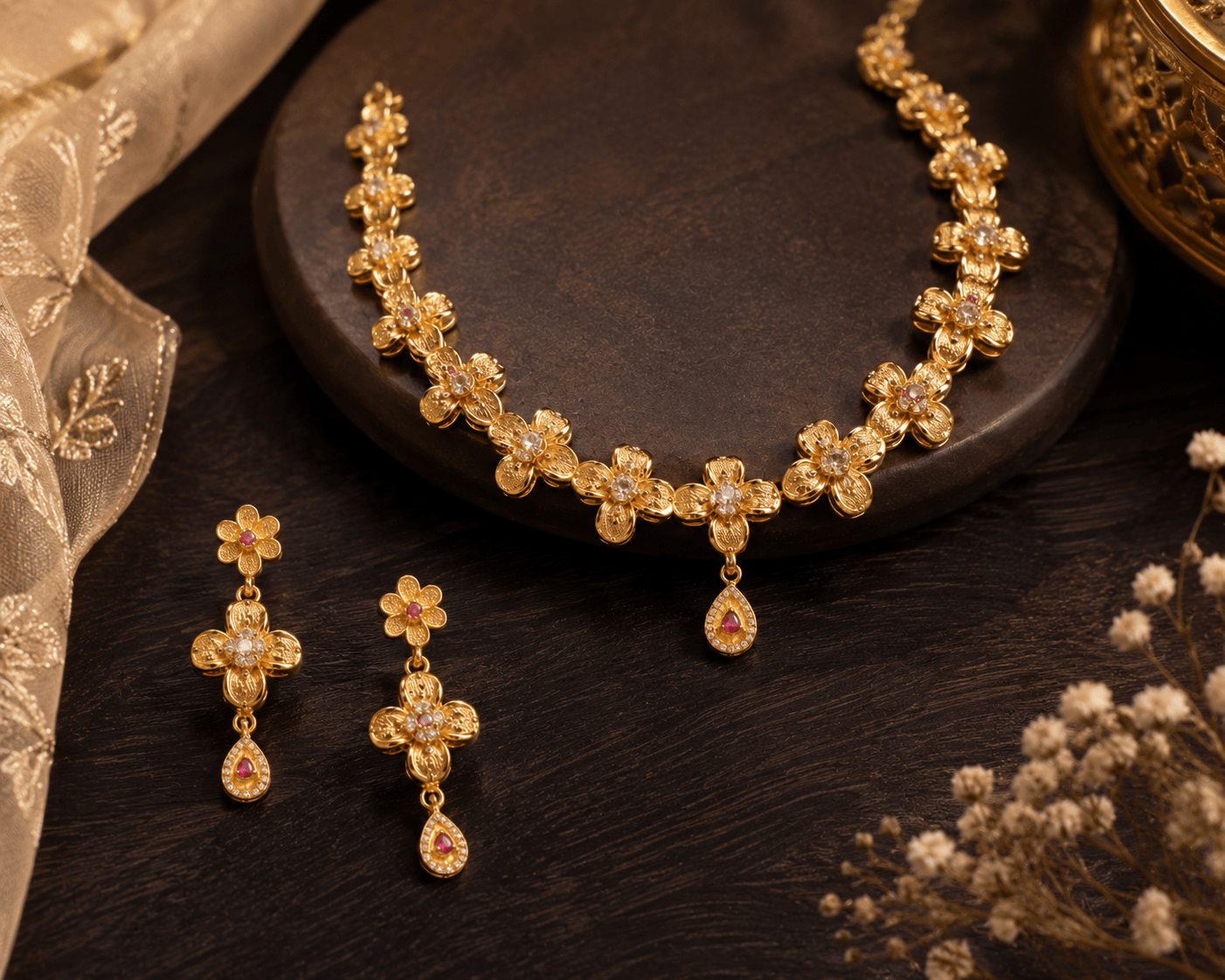 Floral Gold Plated Necklace Set with Designer Earrings