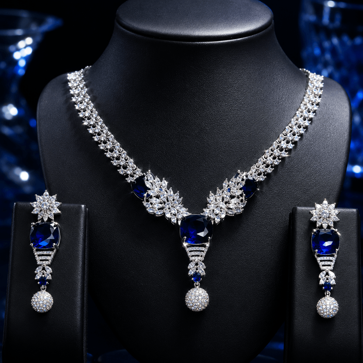 Royal Blue Crystal AD Necklace Set with Earrings