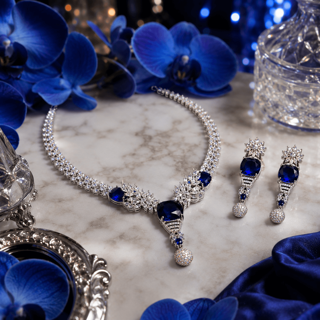 Royal Blue Crystal AD Necklace Set with Earrings