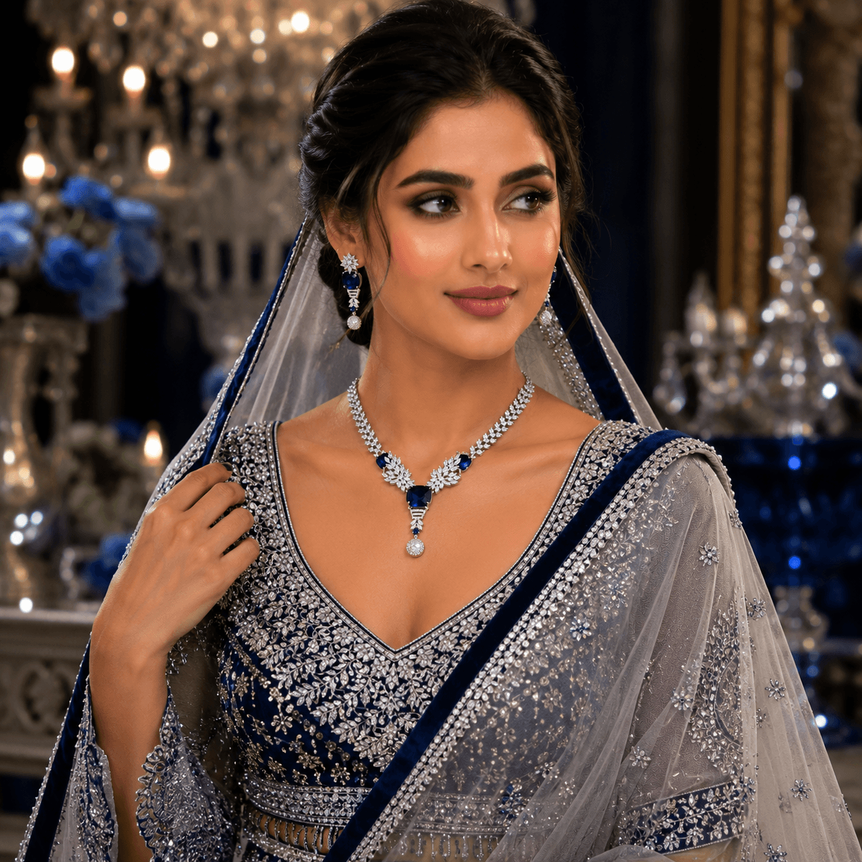 Royal Blue Crystal AD Necklace Set with Earrings
