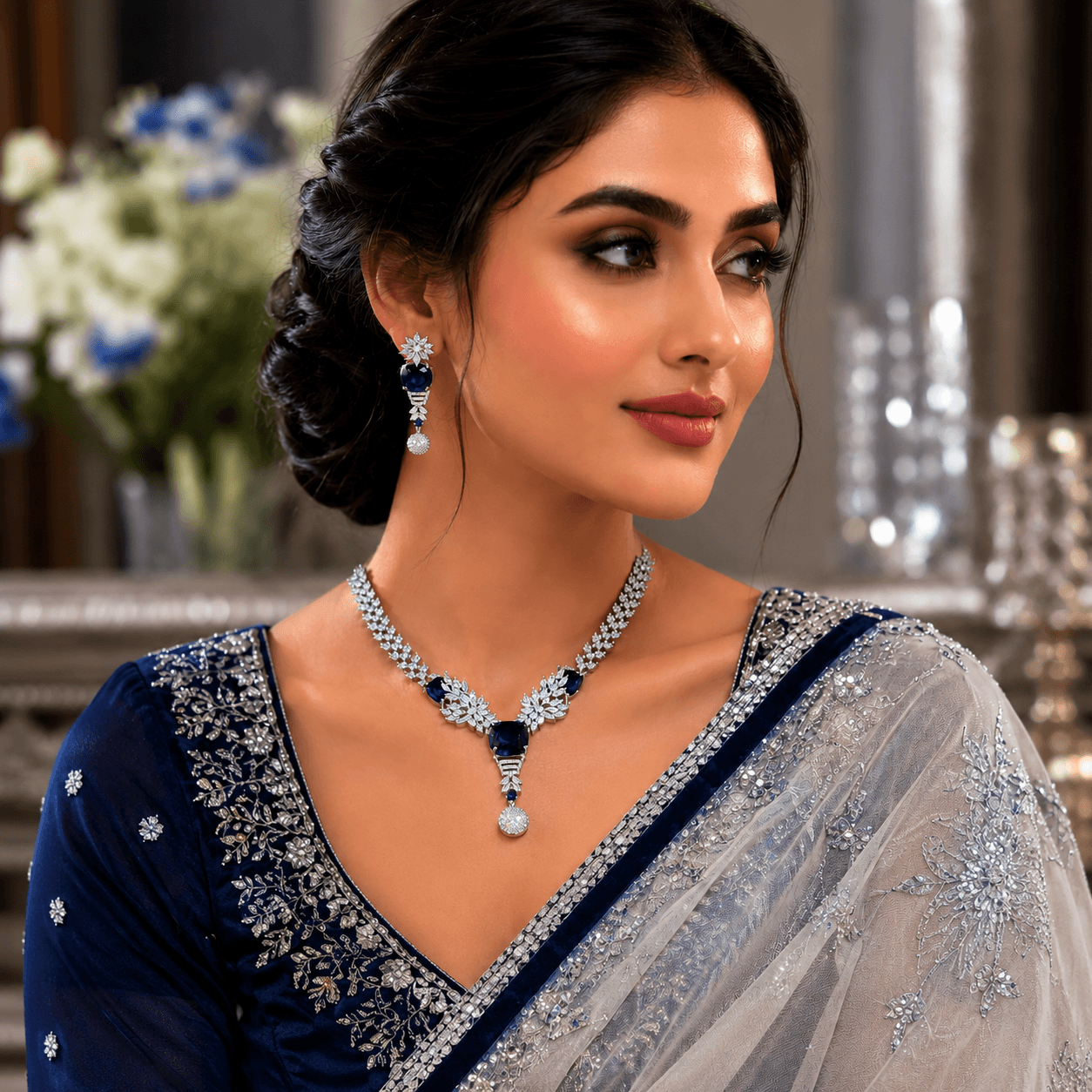 Royal Blue Crystal AD Necklace Set with Earrings