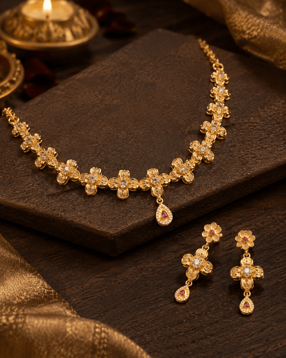 Floral Gold Plated Necklace Set with Designer Earrings