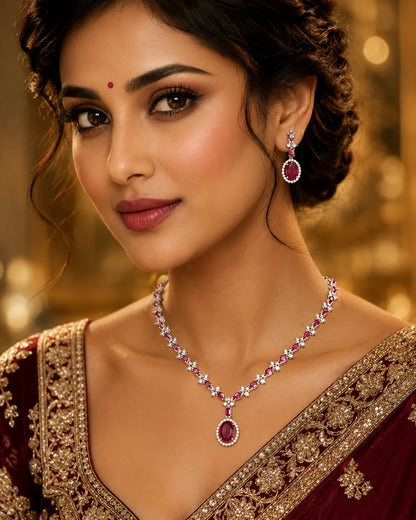 Ruby Red Crystal Necklace Set with Earrings