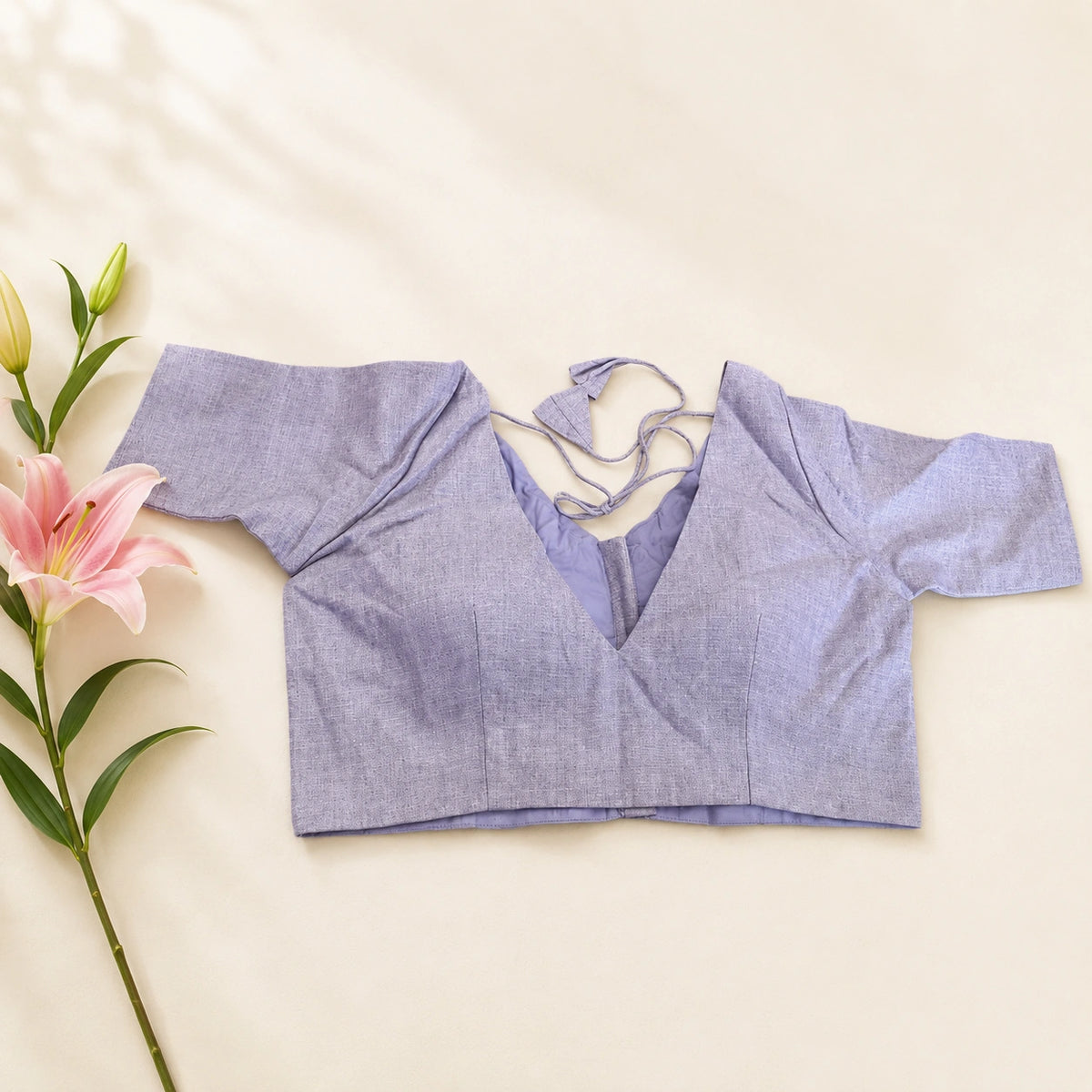 Dusty Lavender Grey Cotton V-Neck Half Sleeve Tailored Blouse