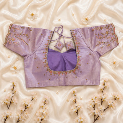 Lavender Tissue Ari Work Glass Sleeve Embroidered Blouse for Women Sweetheart Neck Ethnic Party Wear
