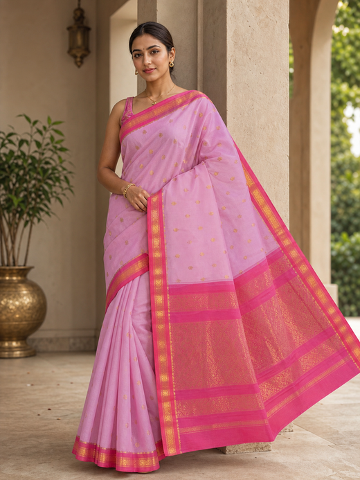 Light pink Sico Gadwal silk cotton saree with rani pink gold zari border on model