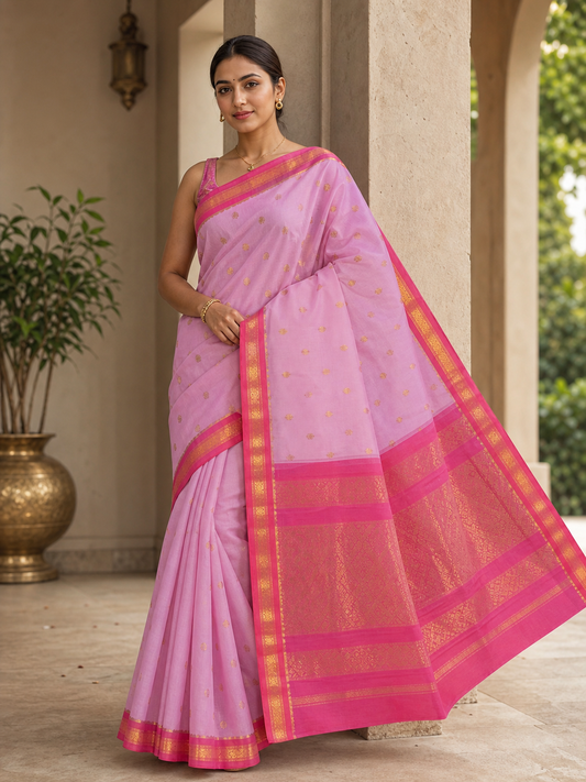 Light pink Sico Gadwal silk cotton saree with rani pink gold zari border on model