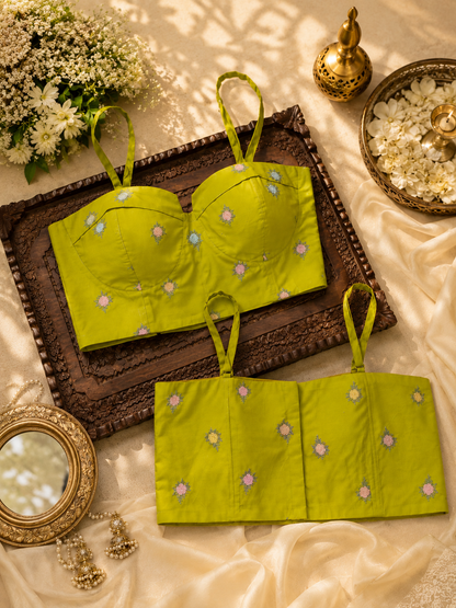 Lime Green Cambric Cotton Floral Embroidered Shoulder Strap Blouse with Structured Sweetheart Neck