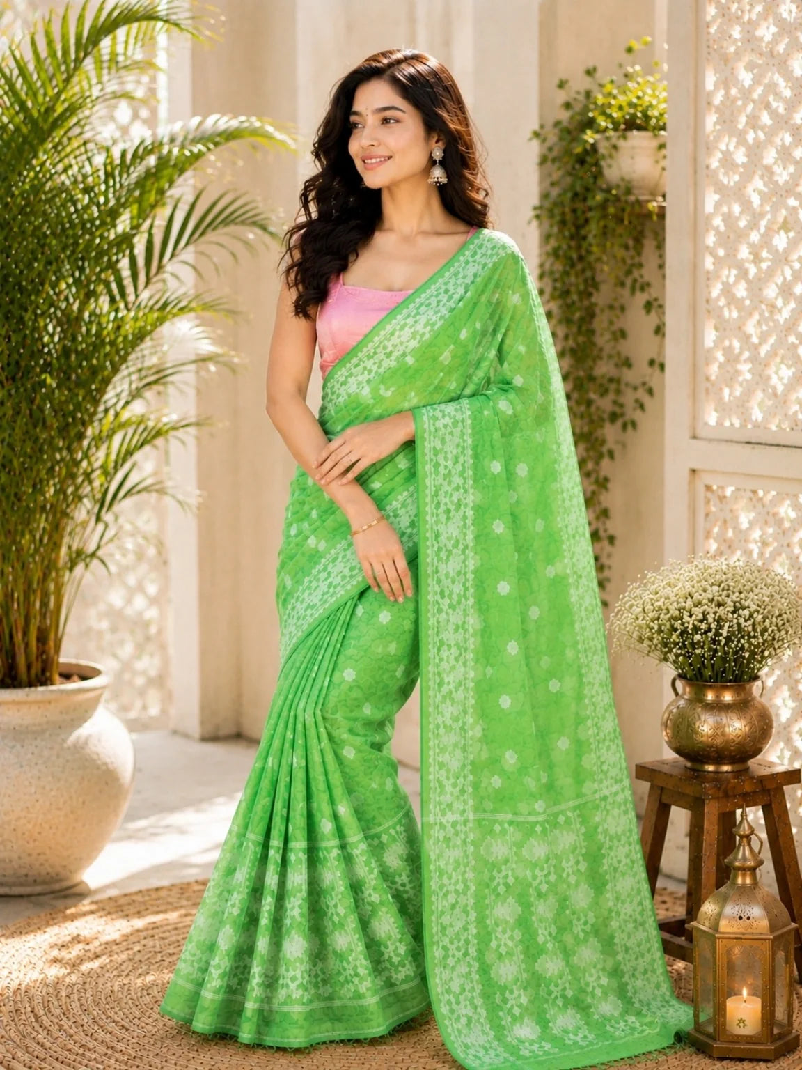 Lime Green Muslin Jamdani Saree model image