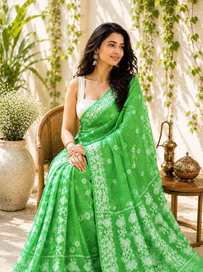 Lime Green Muslin Jamdani Saree image 2