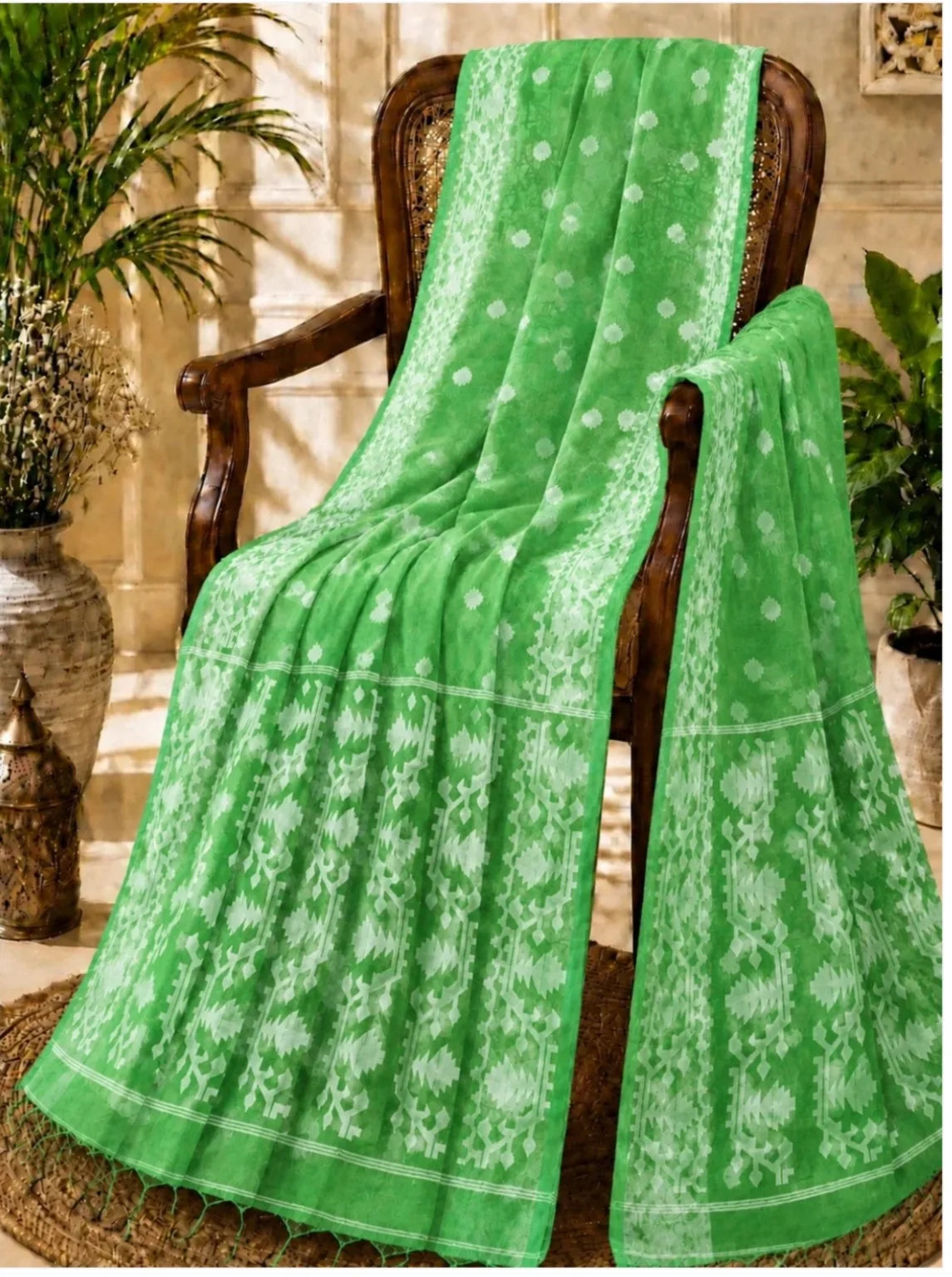 Lime Green Muslin Jamdani Saree image 3
