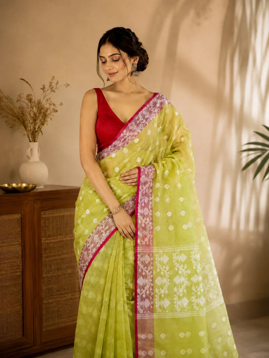 Lime Green Muslin Jamdani Saree with White Traditional Woven Motifs & Pink Border