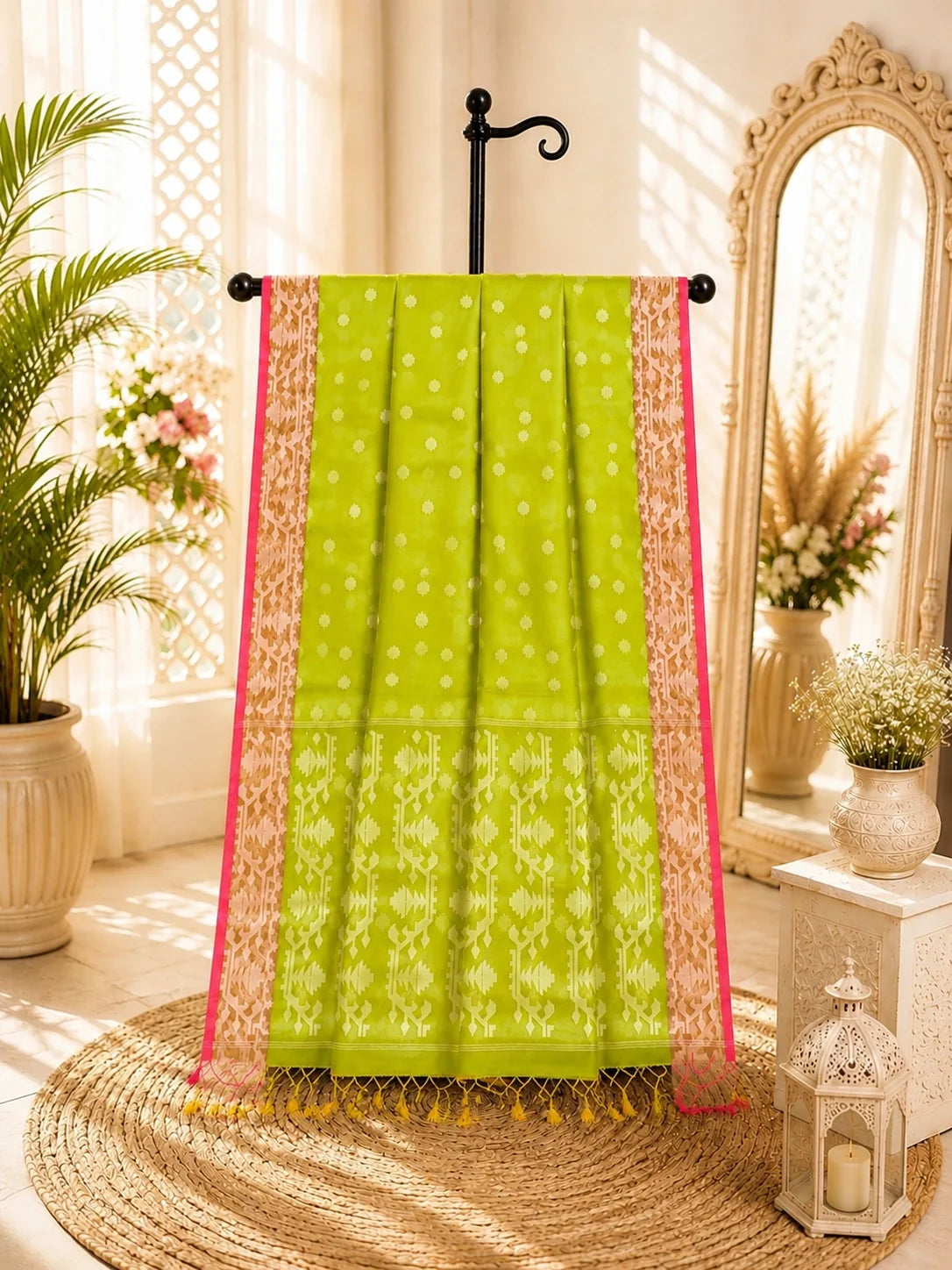 Lime Green Muslin Jamdani Saree with White Traditional Woven Motifs & Pink Border