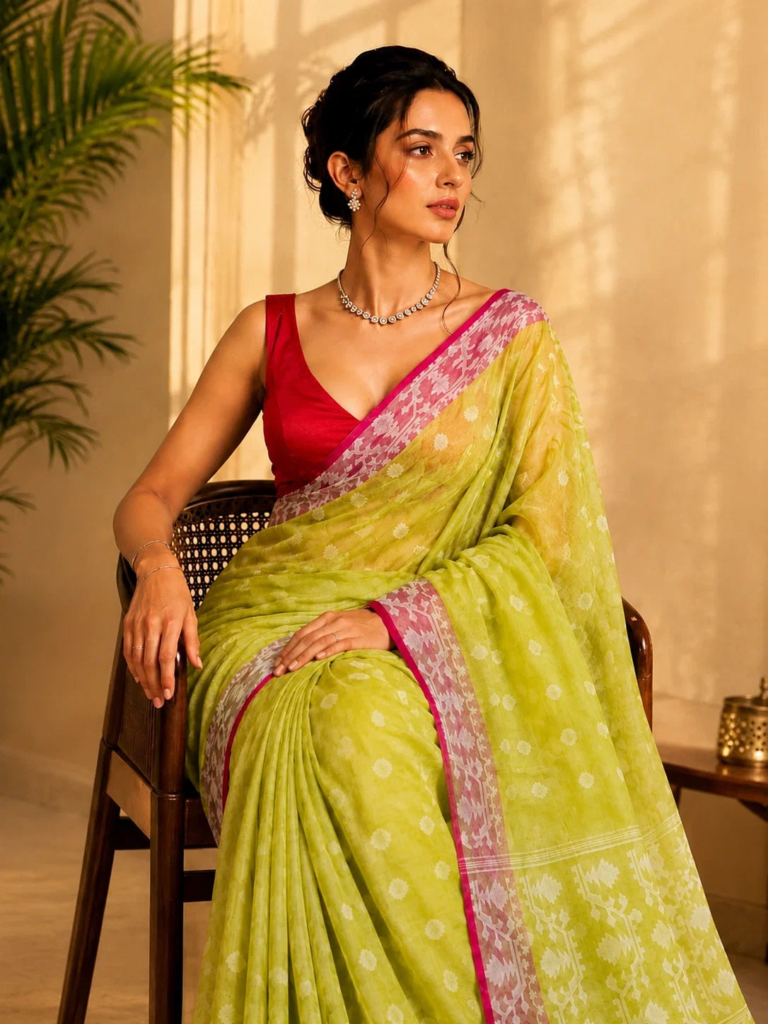 Lime Green Muslin Jamdani Saree with White Traditional Woven Motifs & Pink Border