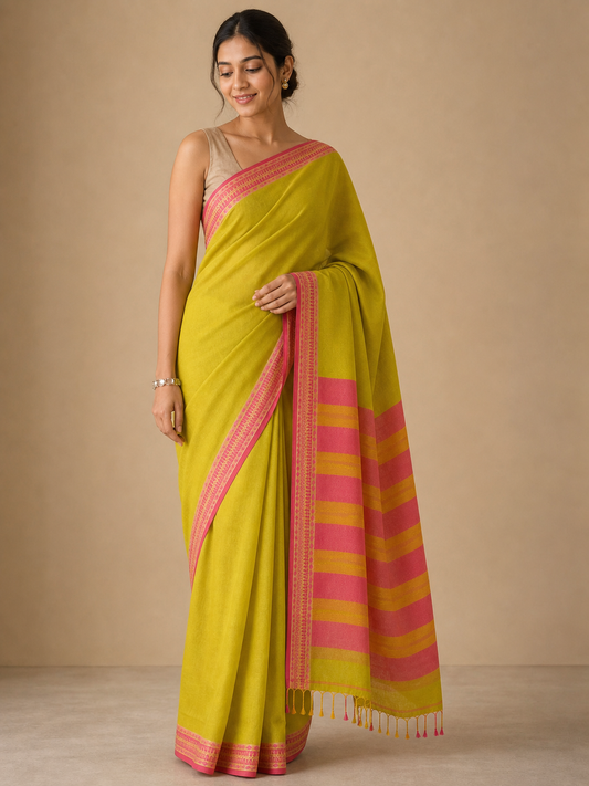 Pure Cotton Handloom Saree in Lime Yellow with Pink Woven Border on model