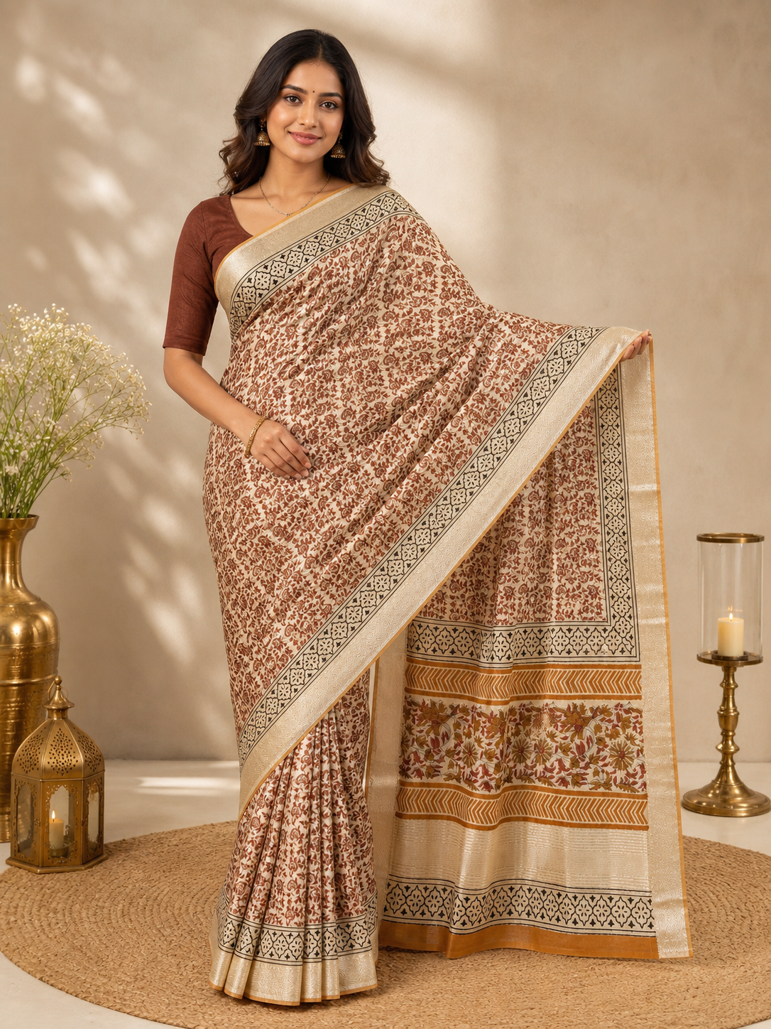 Linen Bagru Print Saree in Beige and Rust Brown on model