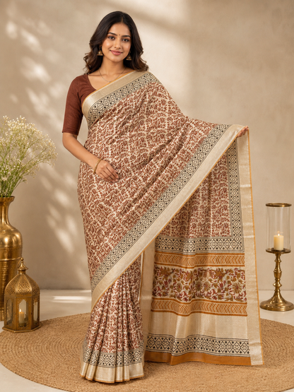Linen Bagru Print Saree in Beige and Rust Brown on model