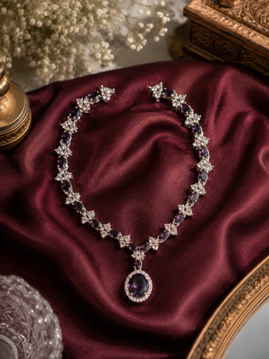 Purple Crystal-Style Silver-Tone Pendant Necklace and Drop Earrings Set