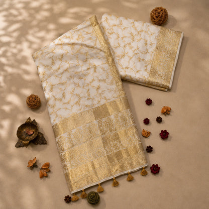Ivory White Pure Masru Silk Saree with Gold Floral Vine Weaving and Ornate Zari Border