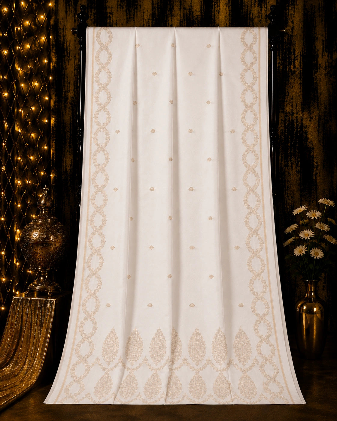Ivory Pure Mashru Silk Banarasi Saree with Dual Floral Borders and Buti Weaving