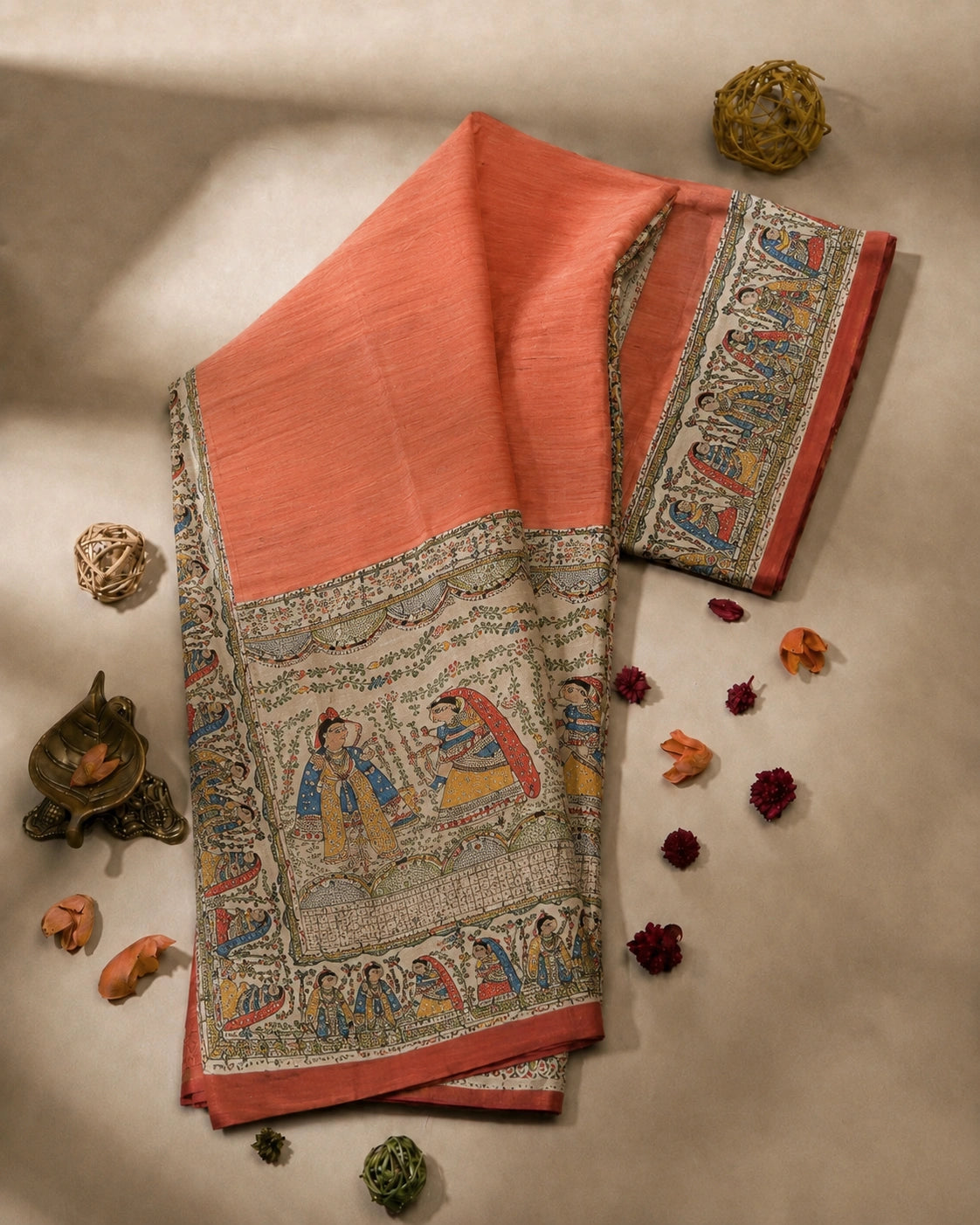 Coral Pink Ghicha Madhubani Saree with Traditional Mithila Folk Art Border