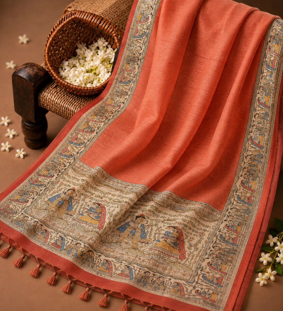 Coral Pink Ghicha Madhubani Saree with Traditional Mithila Folk Art Border