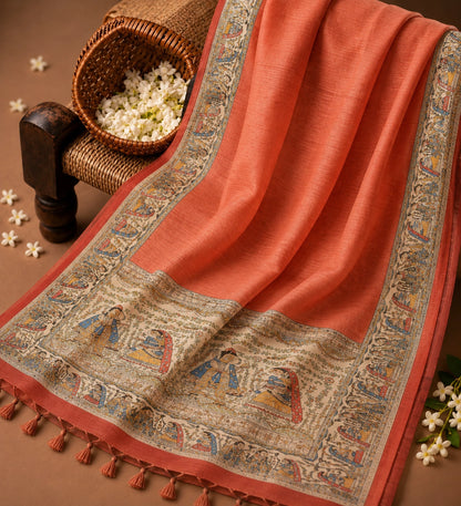 Coral Pink Ghicha Madhubani Saree with Traditional Mithila Folk Art Border