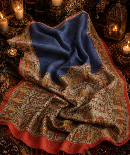 Navy Blue Ghicha Madhubani Saree with Traditional Mithila Art Border & Folk Motif Design